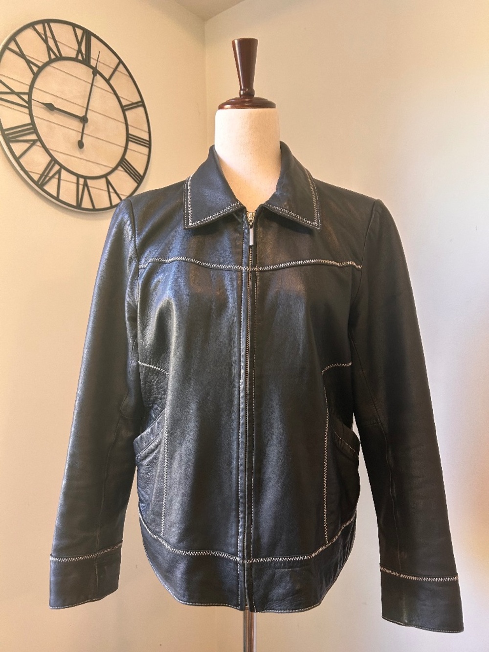 Vintage Conbipel Made in Italy Black Leather Jacket Contrast Stitch Y2K Sz M